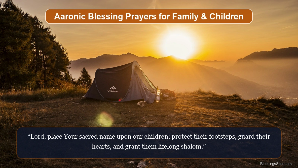 Aaronic blessing prayers for family and children showing a loving family gathered in prayer during morning light.