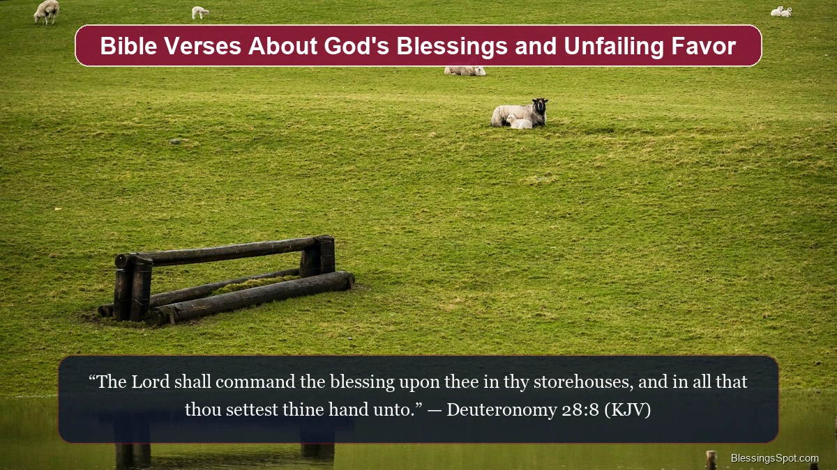 Bible verses about God's blessings and favor showing tranquil quiet waters reflecting green pastures.