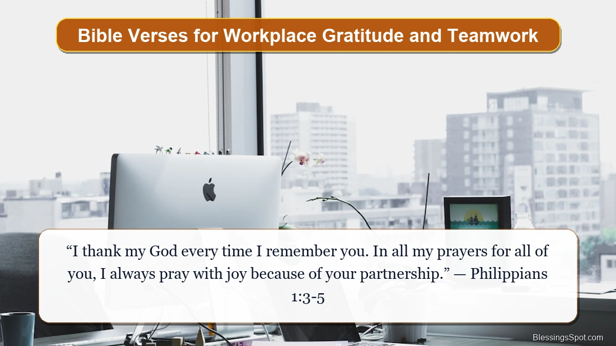 Bible verses for workplace gratitude and teamwork showing an inspiring sun-drenched professional office workspace.