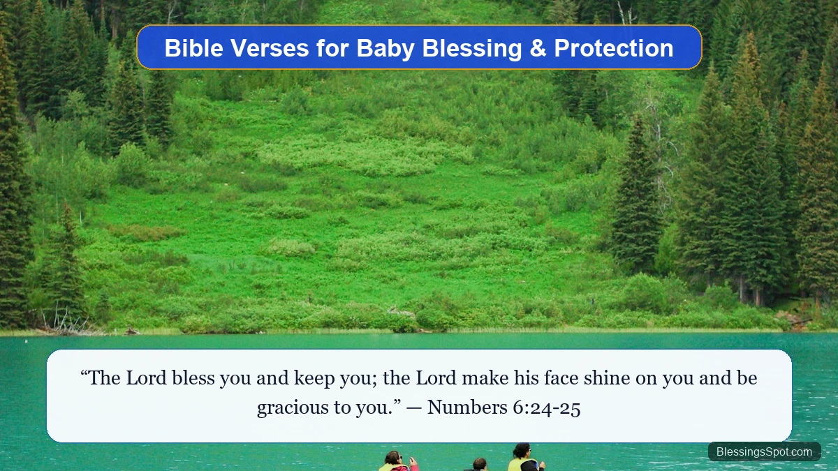 Bible verses and scriptures for baby blessing and protection showing a serene mountain pine forest and tranquil lake.