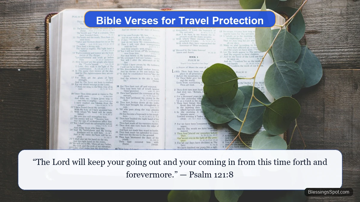 Powerful Bible verses for travel protection showing an open Holy Bible on a wooden table bathed in morning sunlight.