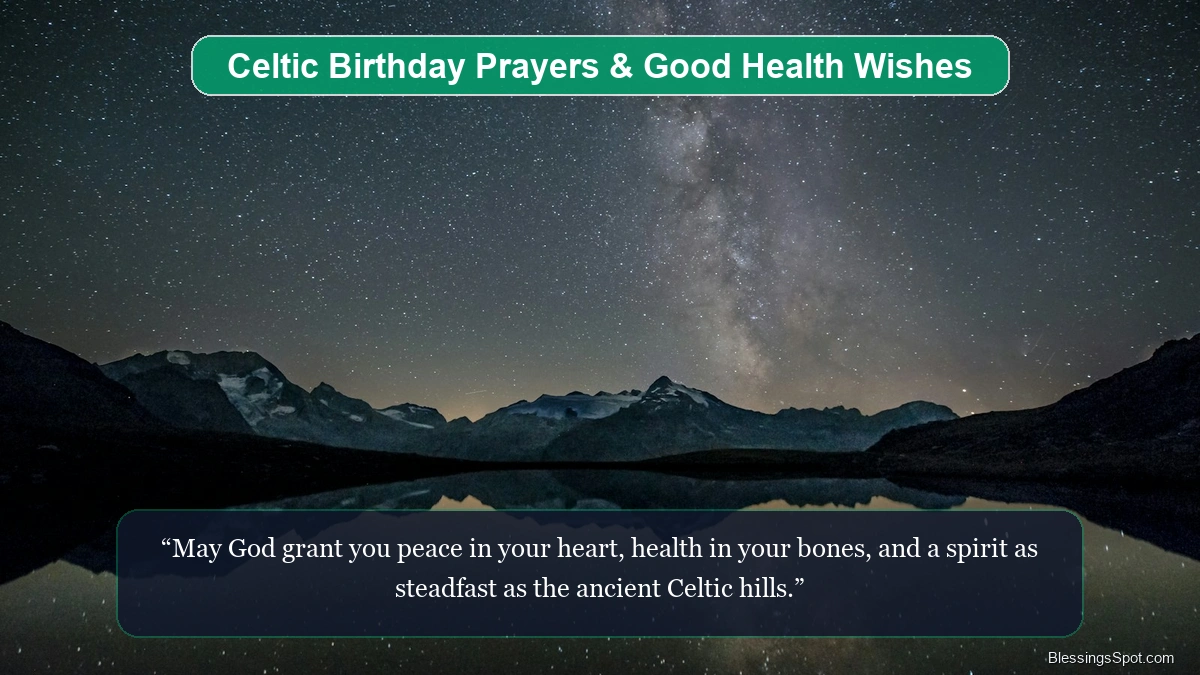 Celtic birthday prayers and good health wishes showing mist-covered green hills under a serene Irish sky.