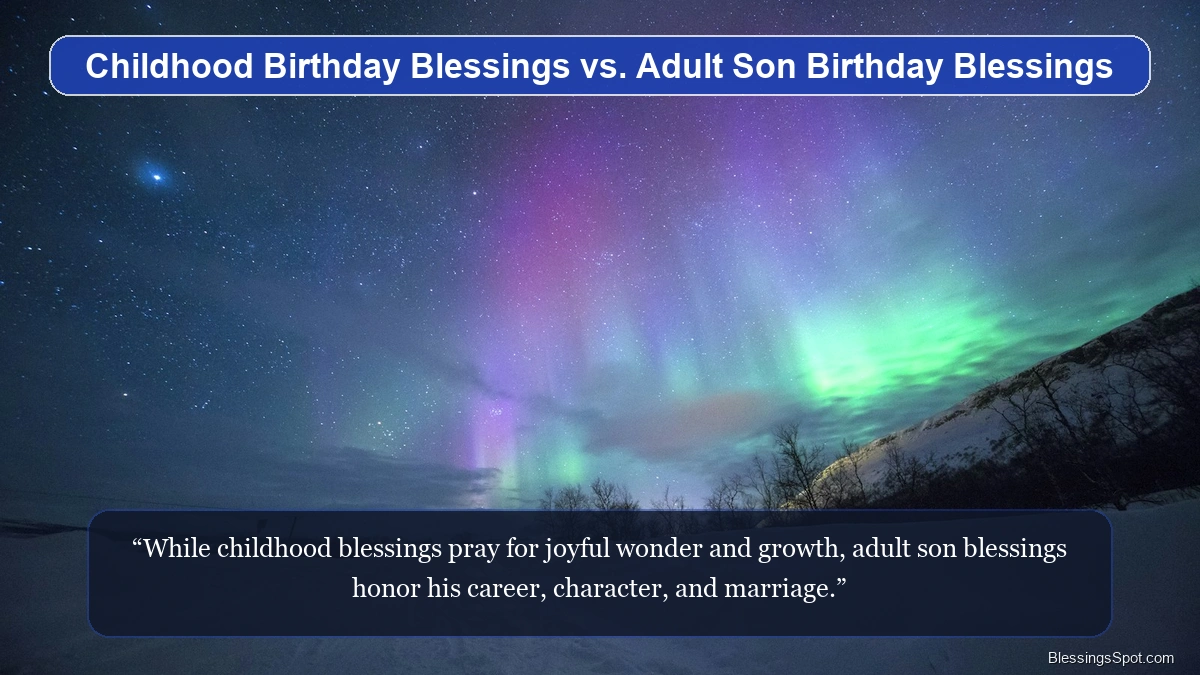 Childhood vs adult son birthday blessings showing towering mountain ridges glowing under expansive blue skies.