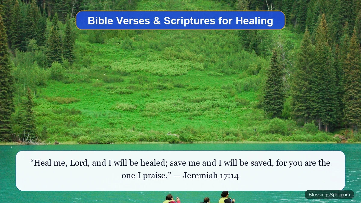 Comforting healing Bible verses and scriptures for a sick friend showing a serene mountain pine forest and tranquil lake.