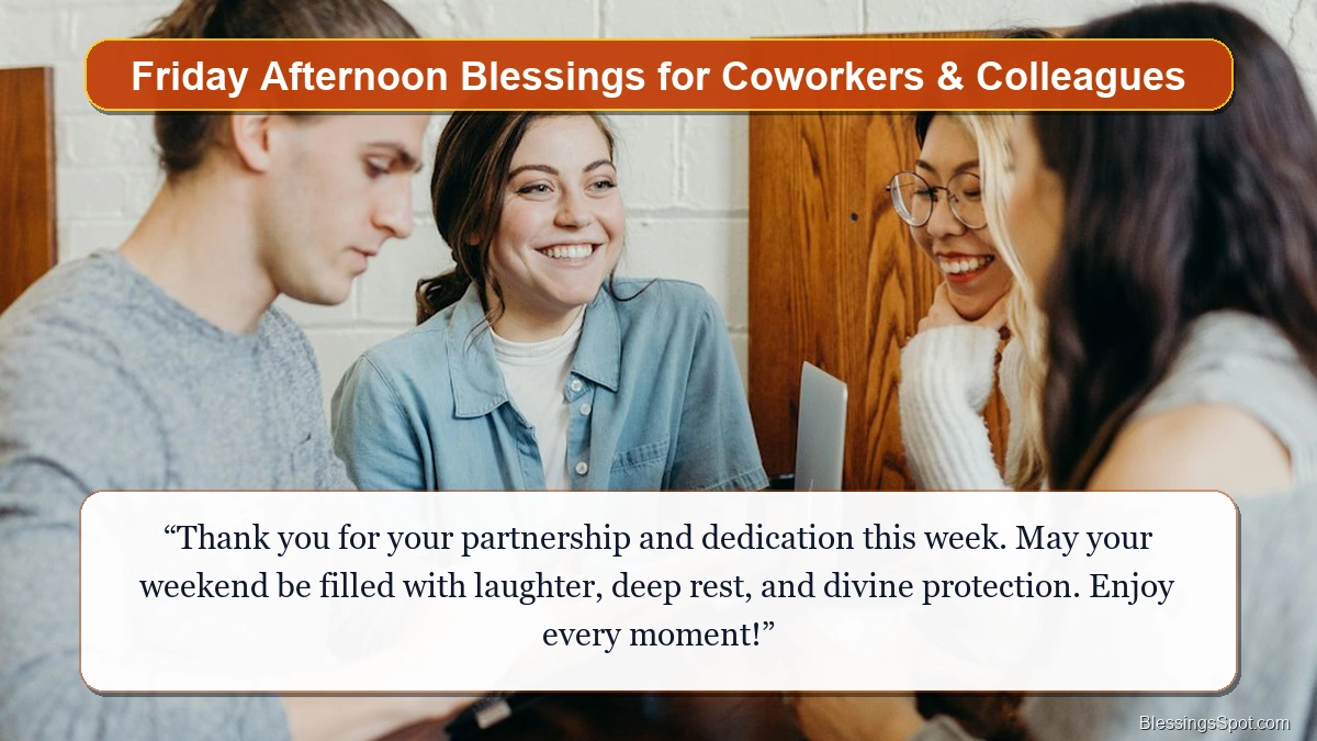 Friday afternoon blessings for coworkers showing colleagues smiling and laughing together at sunset.