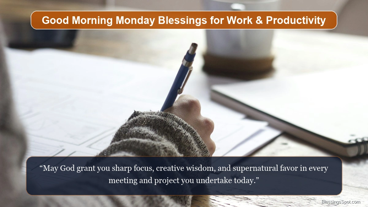 Good morning Monday blessings for work showing an organized workspace with morning sunlight.