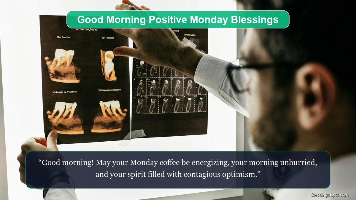 Good morning positive Monday blessings showing a warm mug of morning coffee on a sunlit breakfast table.