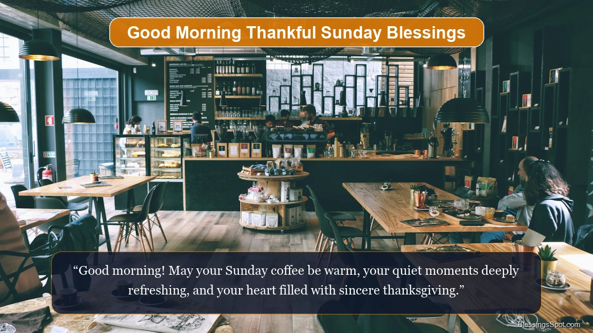 Good morning thankful Sunday blessings showing a warm mug of morning coffee on a sunlit wooden breakfast table.
