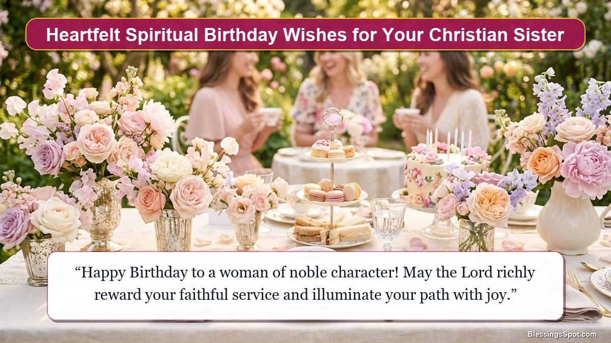 Heartfelt spiritual birthday wishes for sister in christ showing soft pastel celebration background.