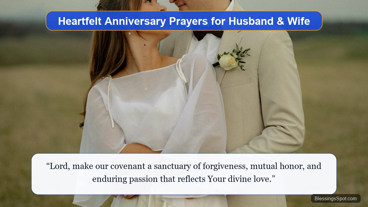 Heartfelt wedding anniversary prayers for husband and wife showing a loving couple in a warm, tender outdoor embrace.