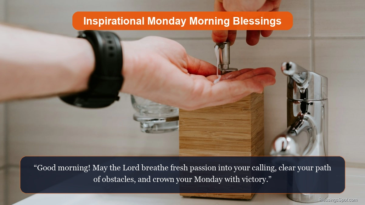 Inspirational Happy Monday morning blessings image showing a warm cup of morning coffee with soft golden light.
