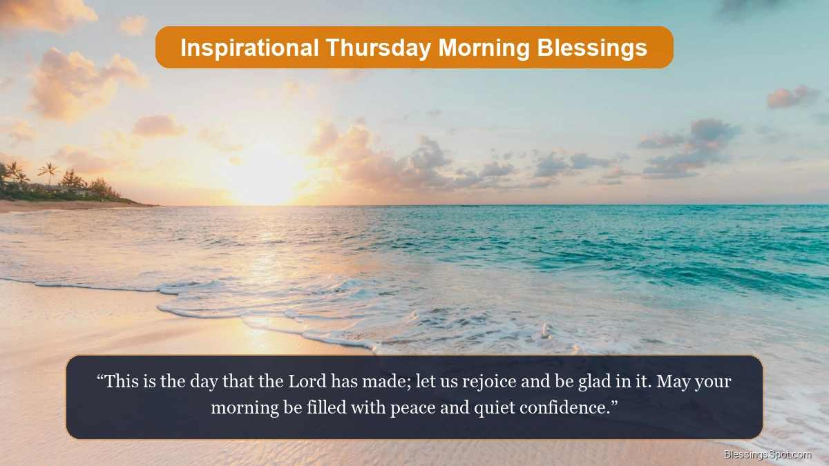 Inspirational Thursday morning blessings banner showing a pristine golden morning ocean horizon.