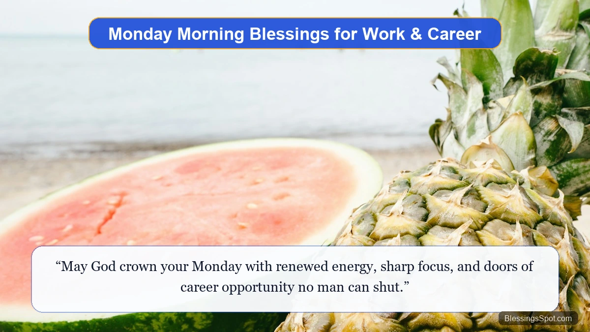 Monday morning blessings for work and career showing a sunlit executive desk with morning coffee and planner.