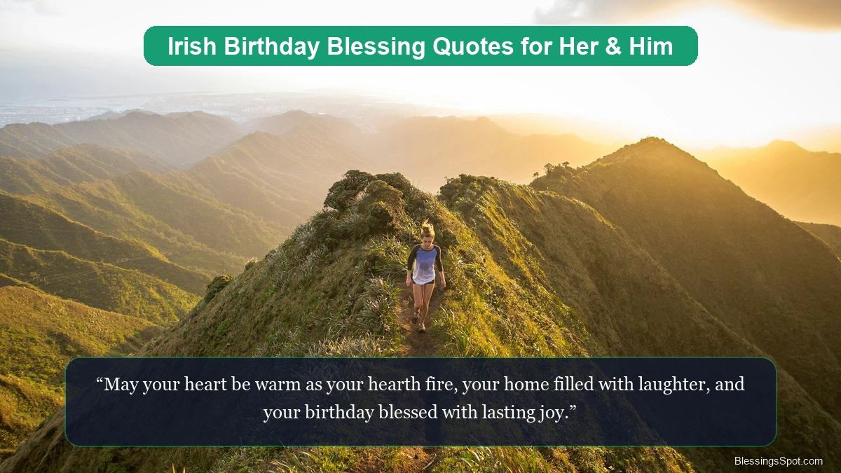 Irish birthday blessing quotes for her and him showing a peaceful winding path illuminated by golden sunset light.