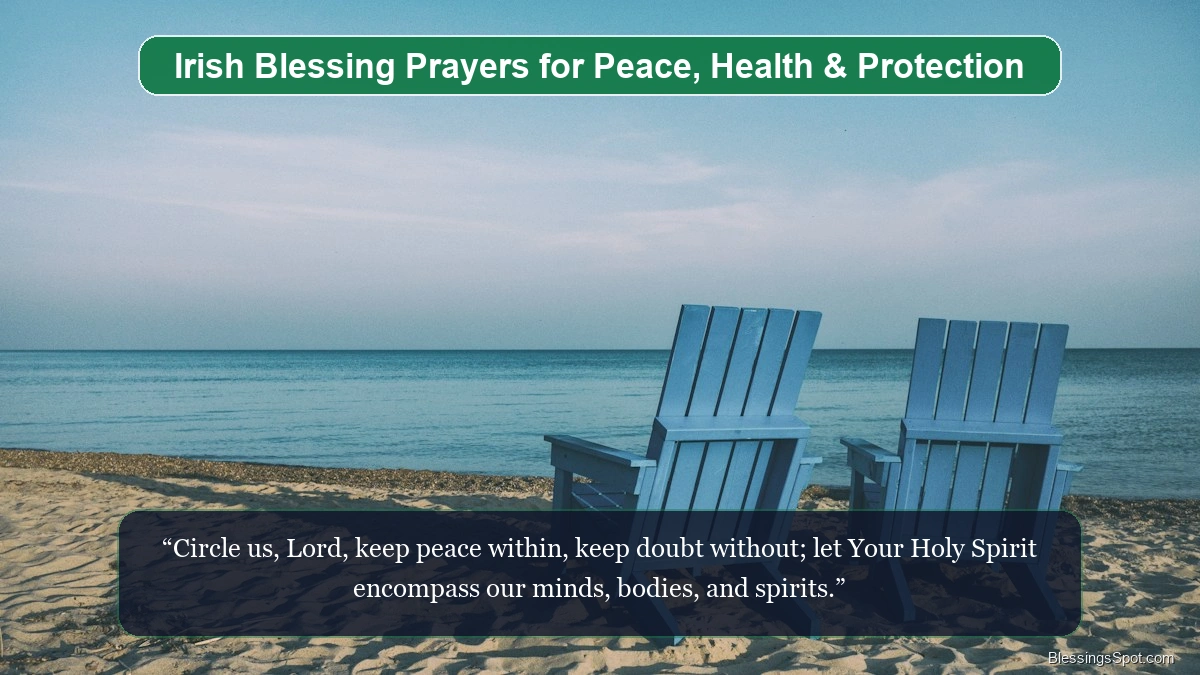 Irish blessing prayers for peace health and protection showing a sacred book and warm spiritual illumination.
