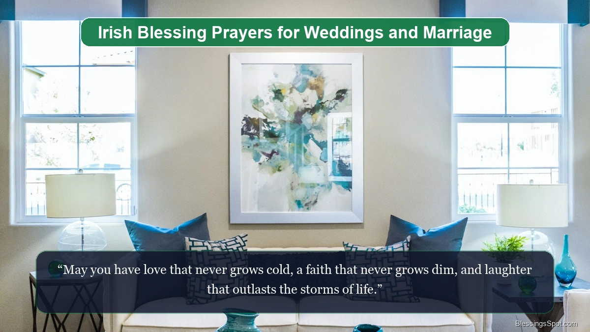 Irish blessing prayers for weddings and marriage showing a picturesque Irish countryside cottage surrounded by lush greenery.
