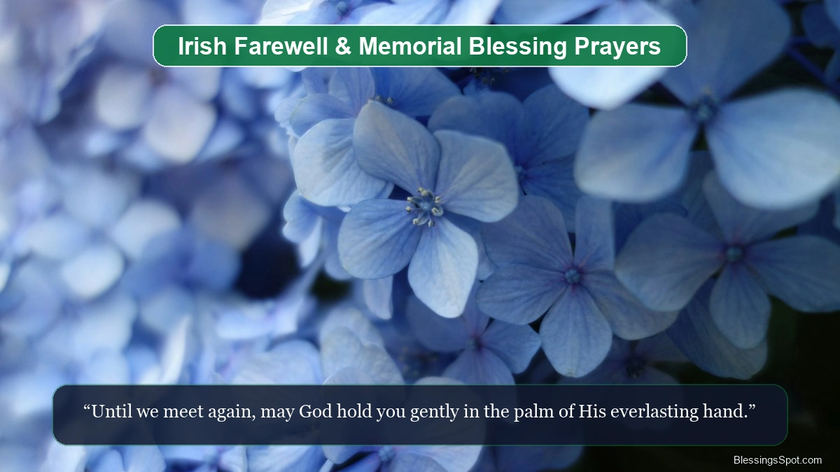 Irish farewell and memorial blessing prayers showing tranquil mountain peaks touched by soft eternal twilight.