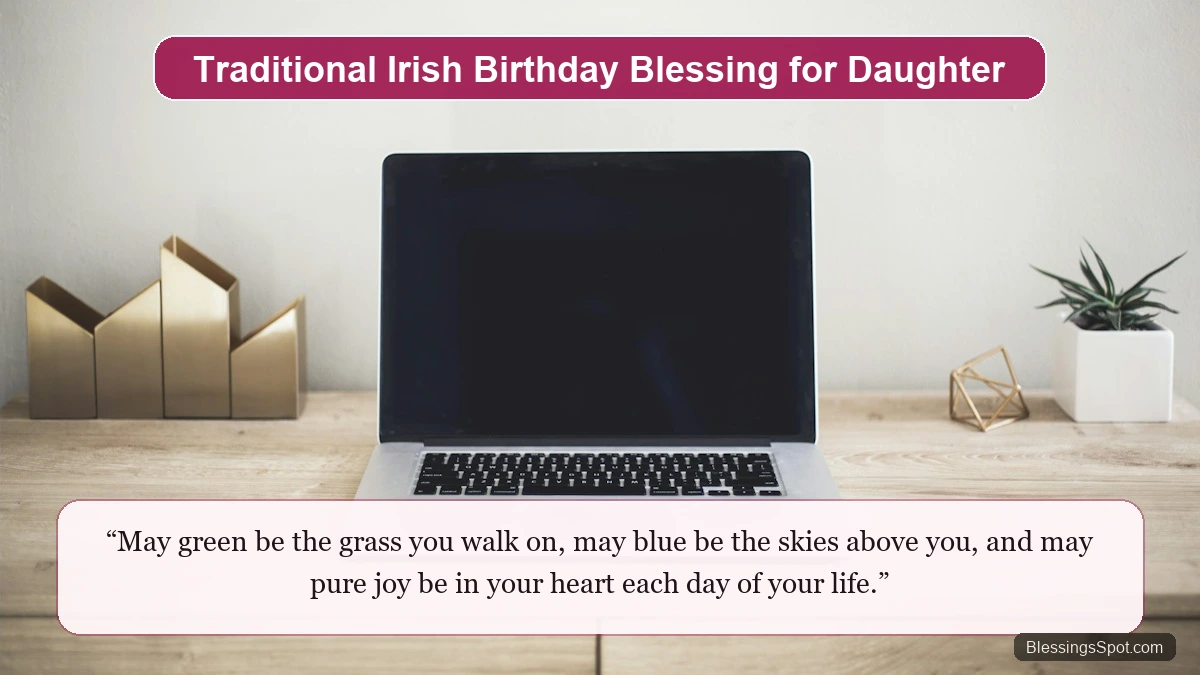 Traditional Irish birthday blessing for daughter showing lush green clover meadows under bright morning sky.