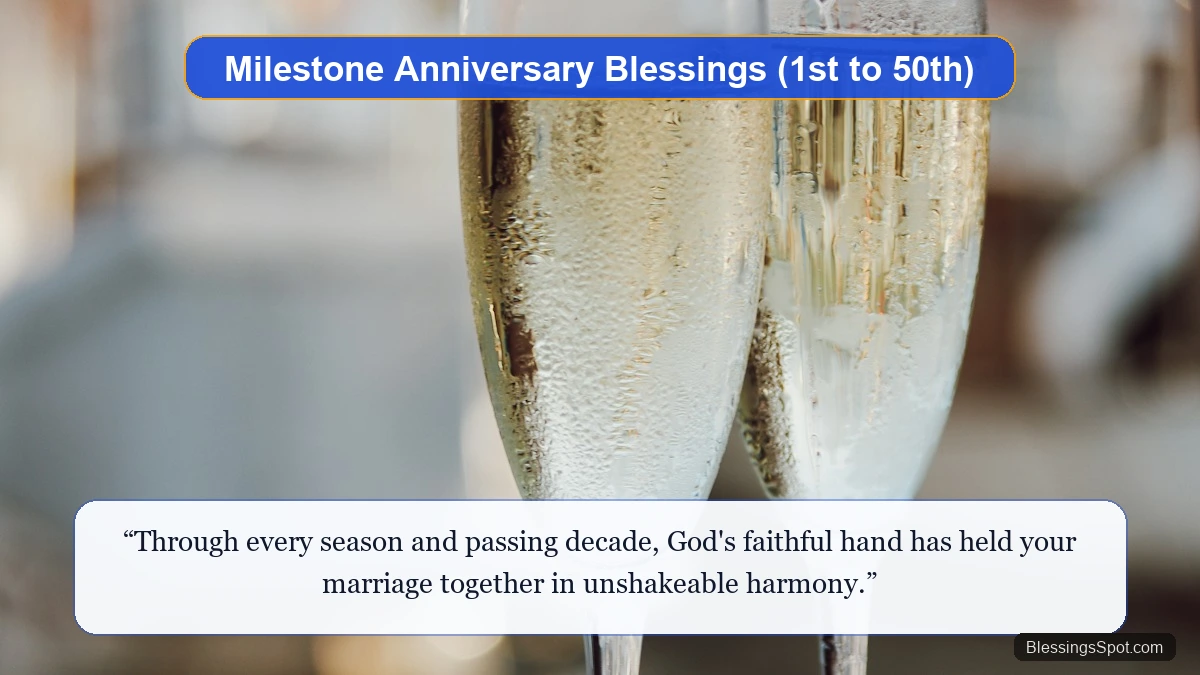 Milestone wedding anniversary blessings showing two elegant crystal champagne flutes raised for celebration toast.