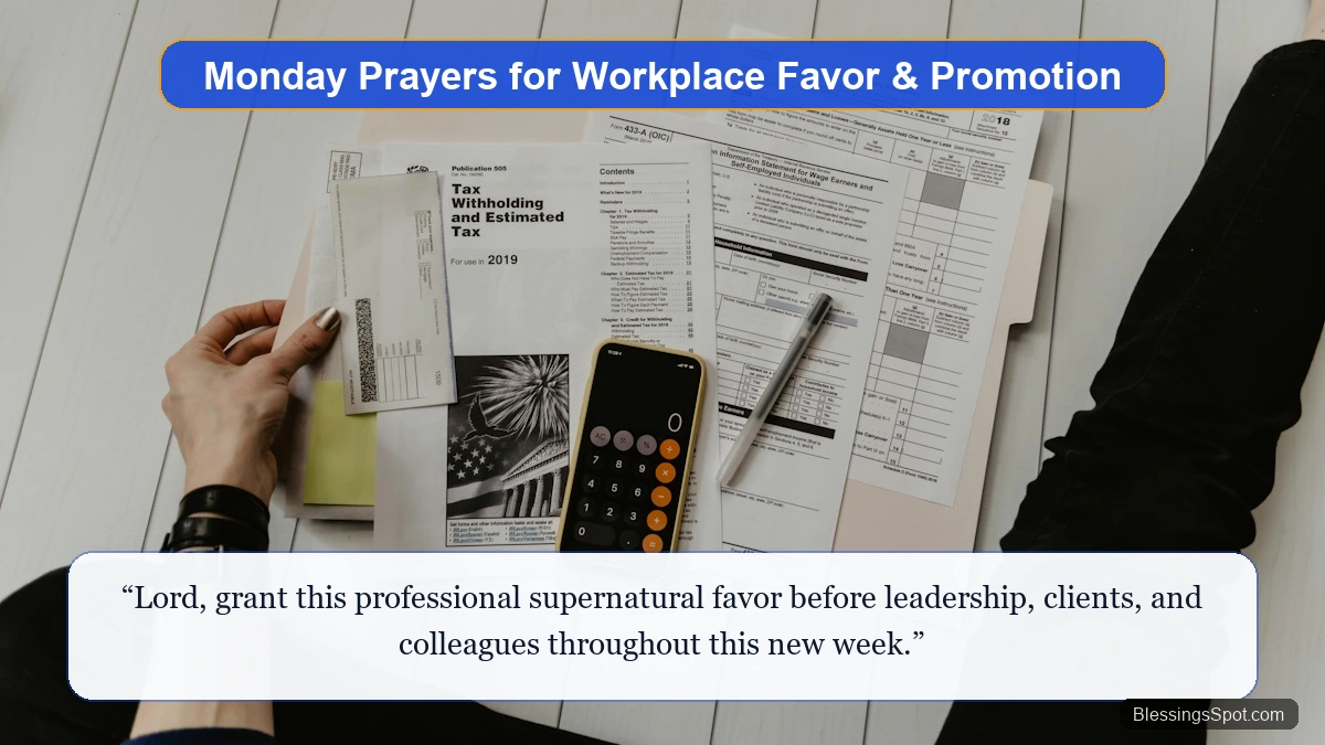 Monday morning prayers for workplace favor and promotion showing a modern laptop workspace.