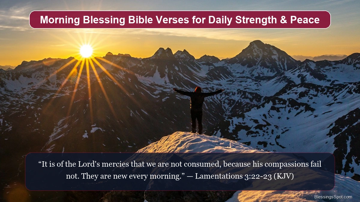 Morning blessing Bible verses for daily strength showing a radiant golden sunrise over peaceful hills.
