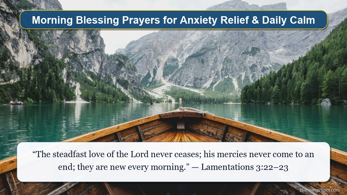 Morning blessing prayers for anxiety relief showing a calm wooden boat resting on peaceful misty water.
