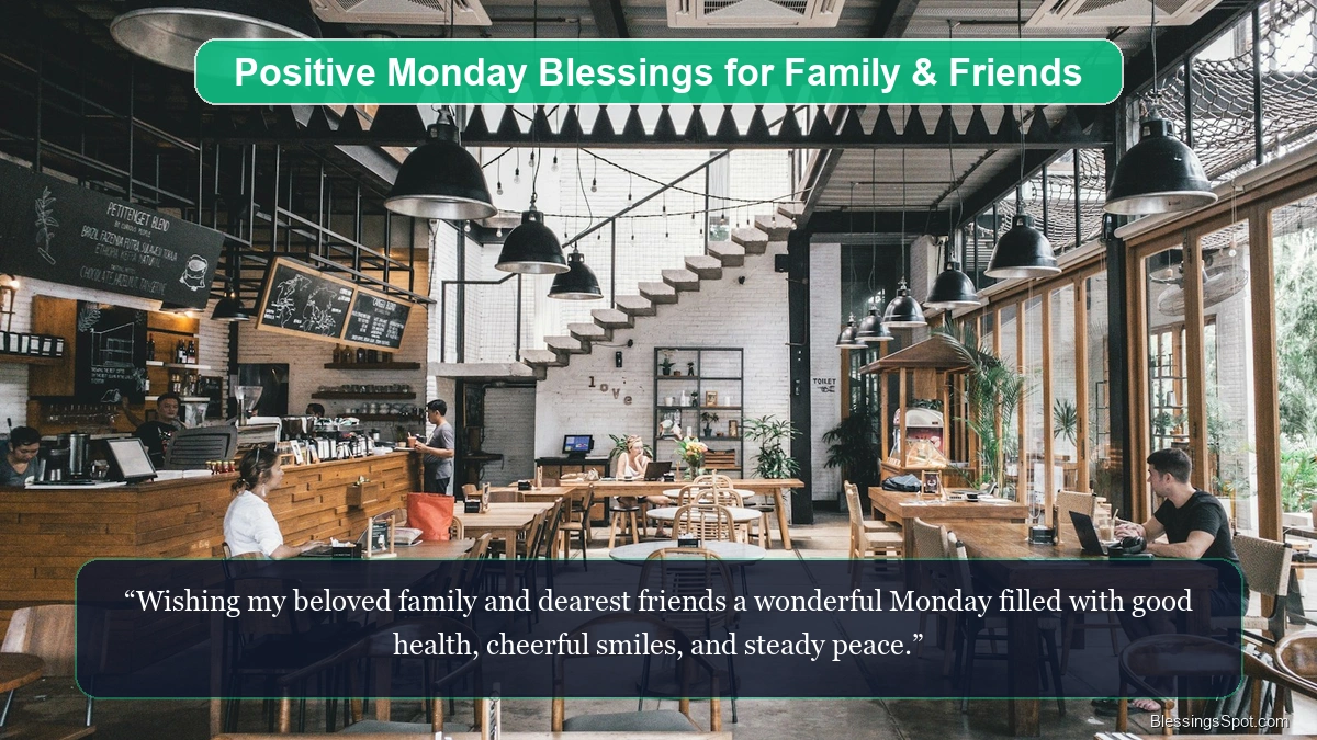 Positive Monday blessings for family and friends showing a cheerful morning cafe table welcoming loved ones.