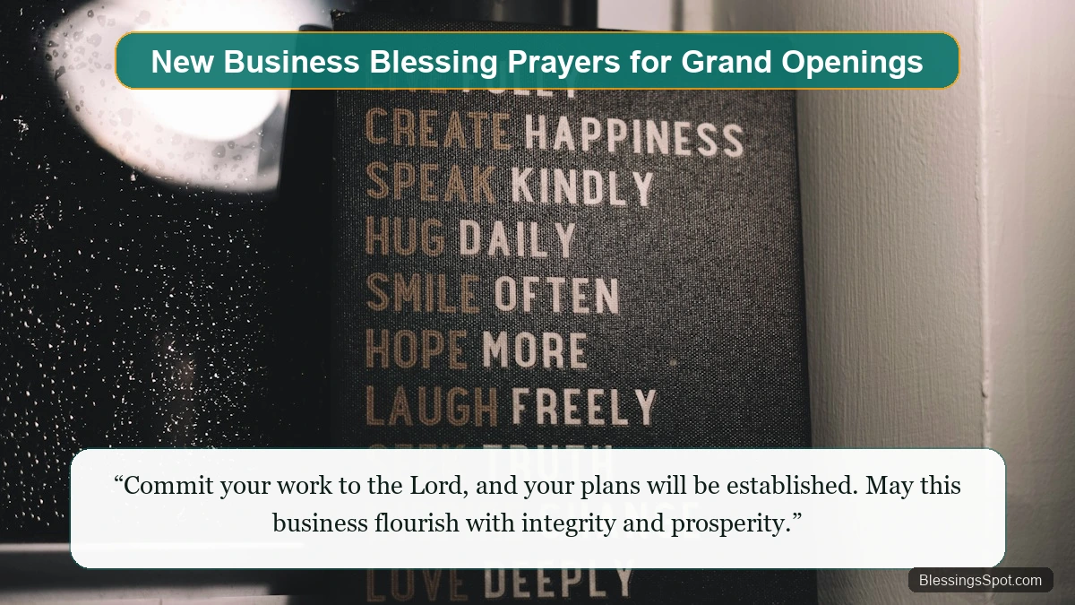 New business blessing prayer and bible verses showing modern entrepreneur storefront ribbon opening in morning light.