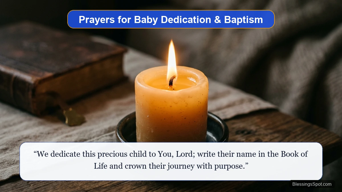 Prayers for baby dedication baptism and christening showing a serene lit candle on rustic wood with Holy Bible.
