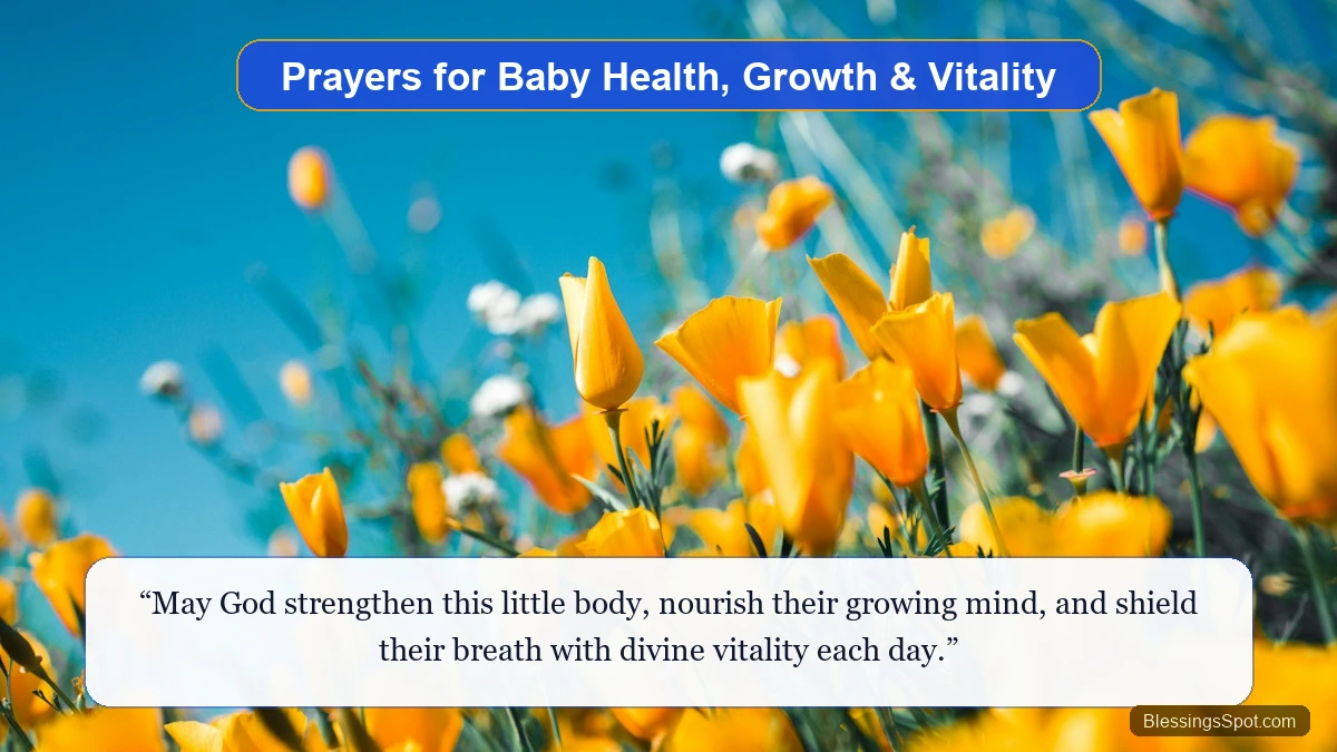Prayers for baby health growth and vitality showing cheerful golden spring flowers blooming under clear skies.