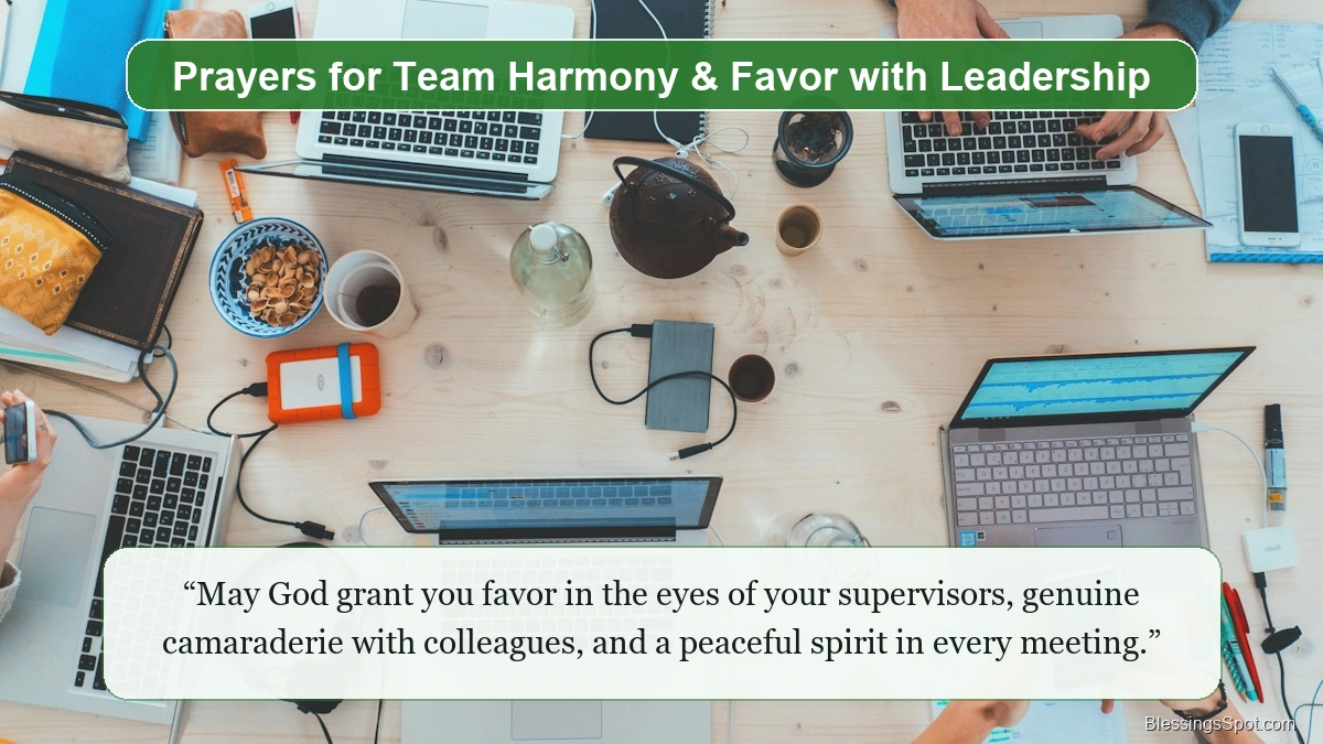Prayers for coworker favor and team harmony showing colleagues collaborating peacefully around a shared computer table.
