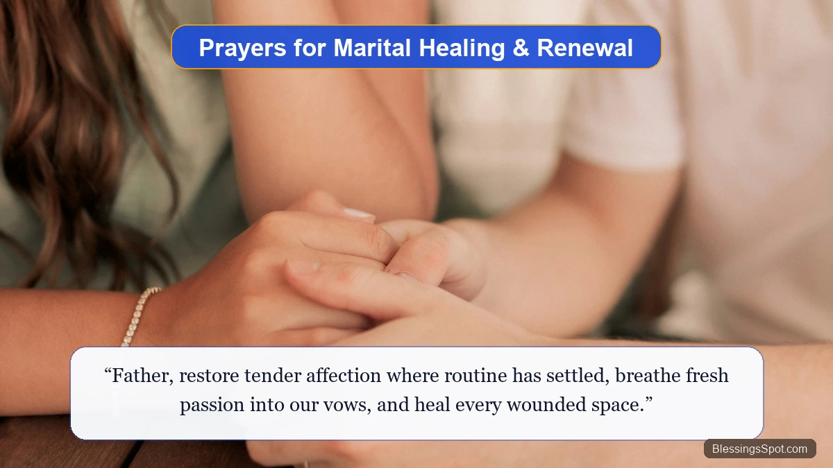 Prayers for marital healing and renewal showing a husband and wife tenderly holding hands across a wooden table in prayer.