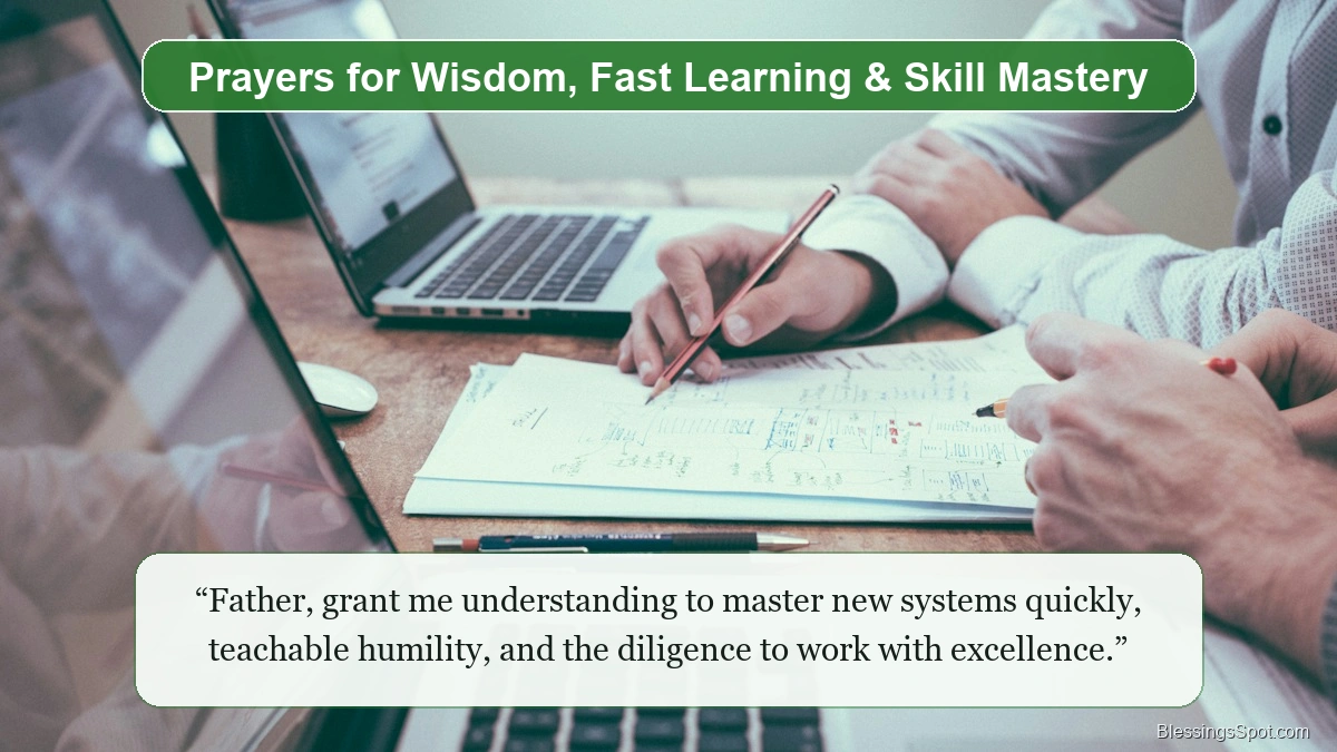 Prayers for wisdom and fast learning in a new job showing professional planning documents and pen on an executive desk.
