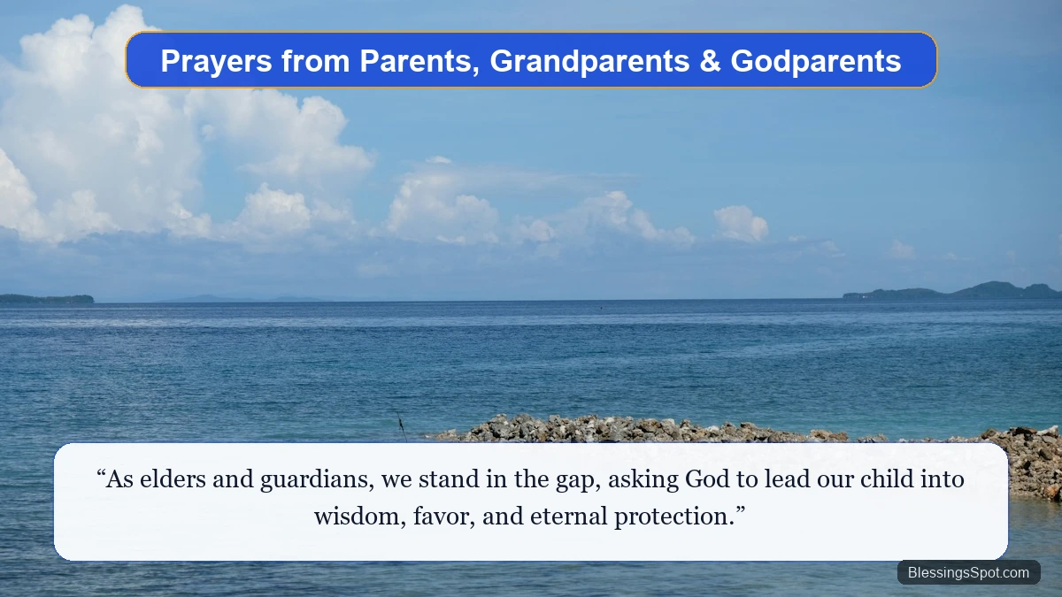 Protective prayers from parents grandparents and godparents showing a peaceful blue mountain lake.