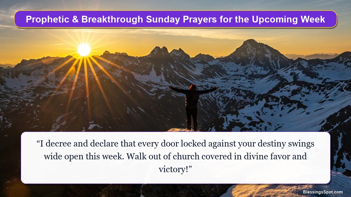 Prophetic and breakthrough Sunday prayers showing majestic golden sunrise beams breaking through morning clouds.