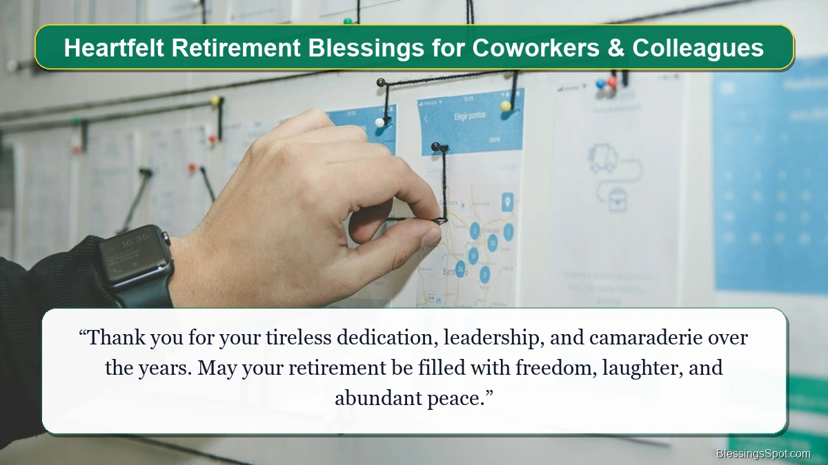 Heartfelt retirement blessings for coworkers and colleagues showing a collaborative office desk.