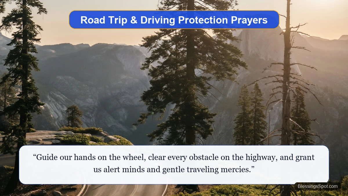 Safe journey prayers for road trips showing a winding scenic mountain highway bathed in golden sunset light.