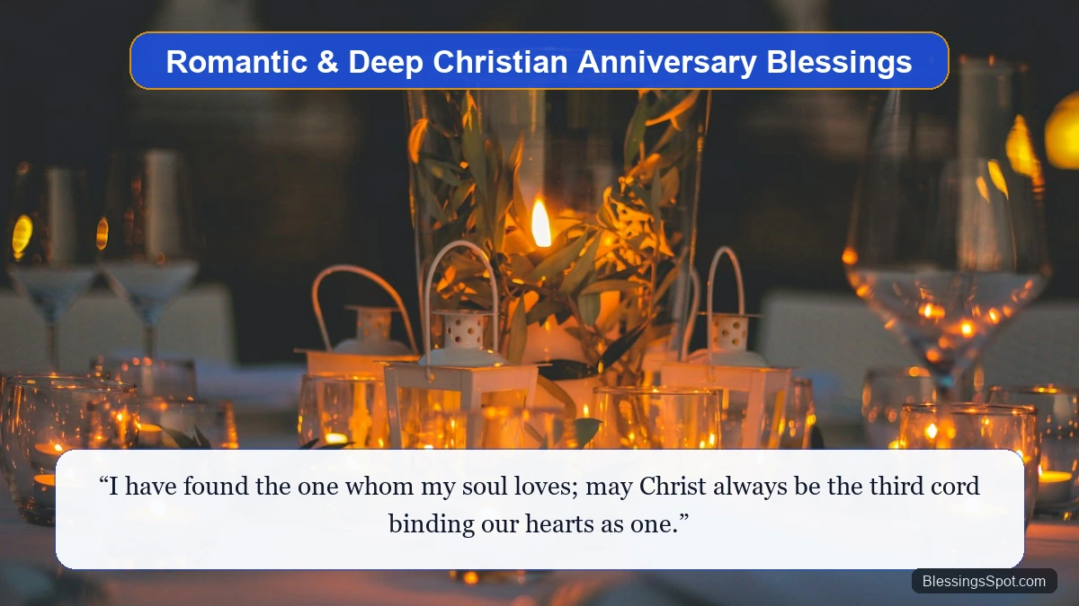 Romantic Christian anniversary blessings showing an intimate evening dinner table adorned with glowing candlelight and wine glasses.