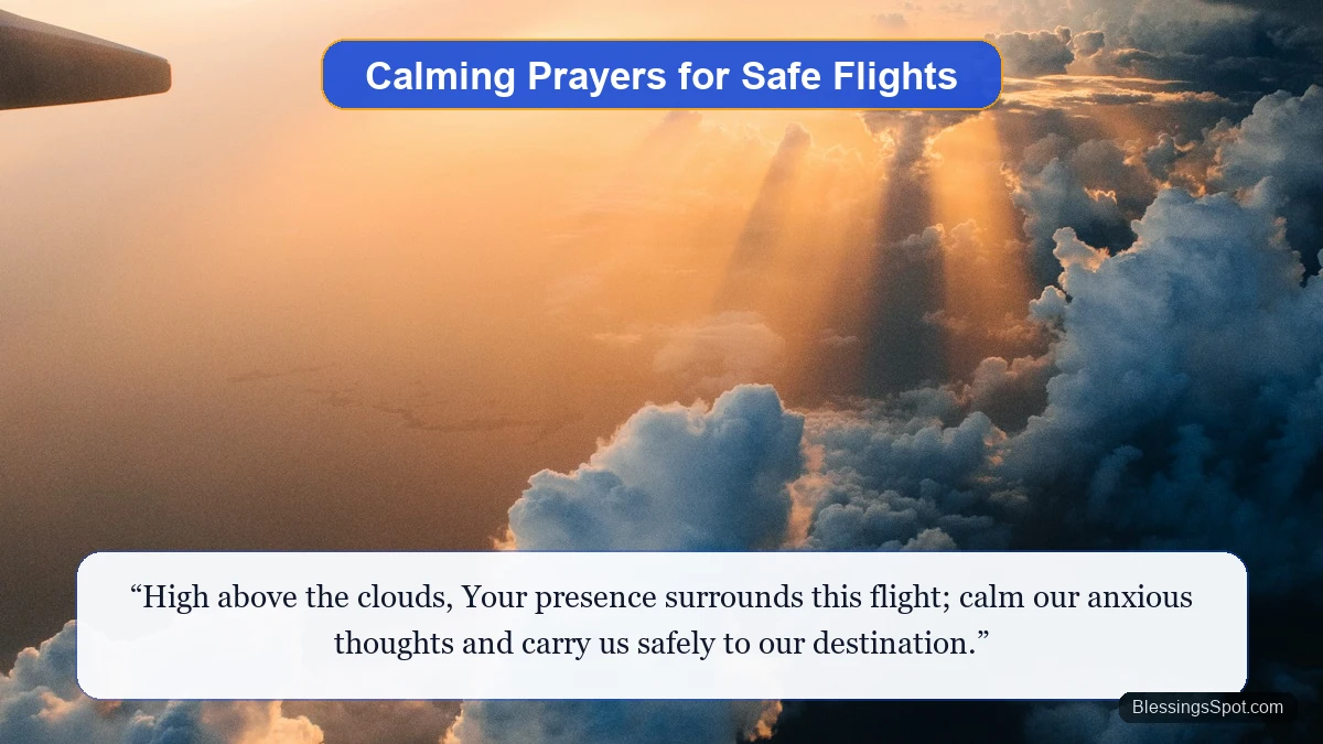 Calming prayers for safe flights and air travel peace showing an airplane wing soaring above golden sunlit clouds.