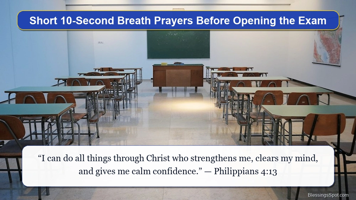 Short breath prayers before opening the exam paper showing an orderly examination hall desk.