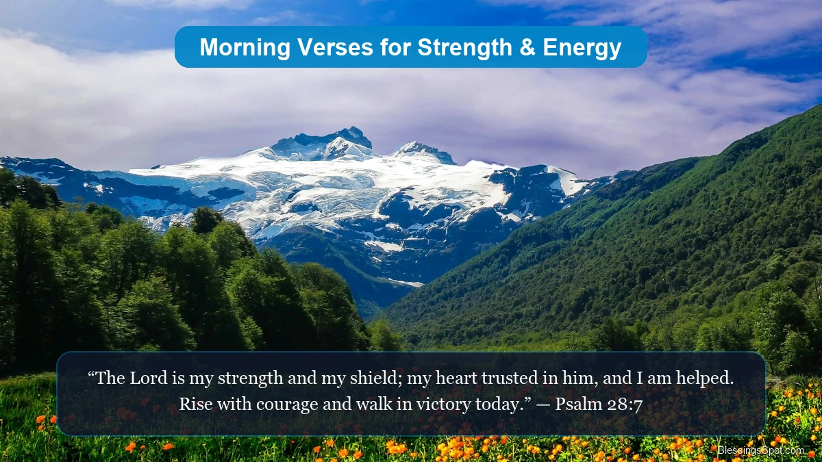 Short good morning Bible verses for strength showing majestic golden dawn light over peaceful nature.