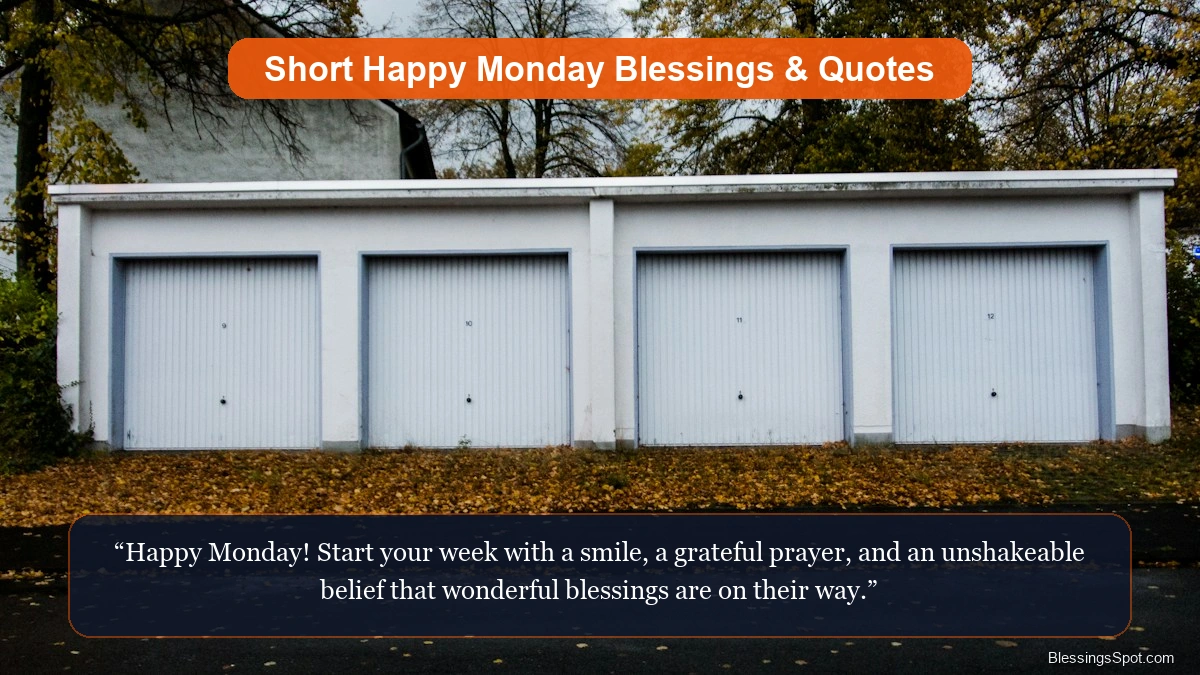 Short Happy Monday blessings showing sunbeams streaming through green meadow trees in the early morning.