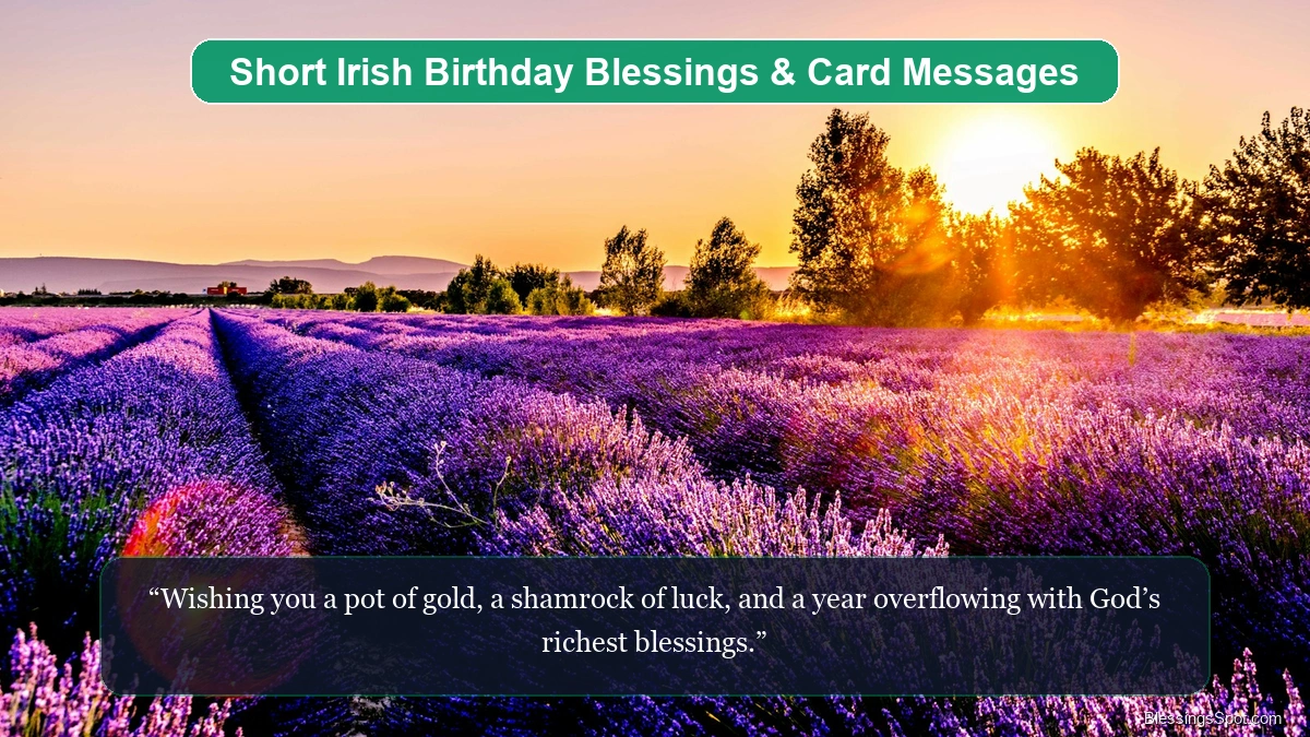 Short Irish birthday blessings and card messages showing golden sunbeams pouring over a verdant clover meadow.