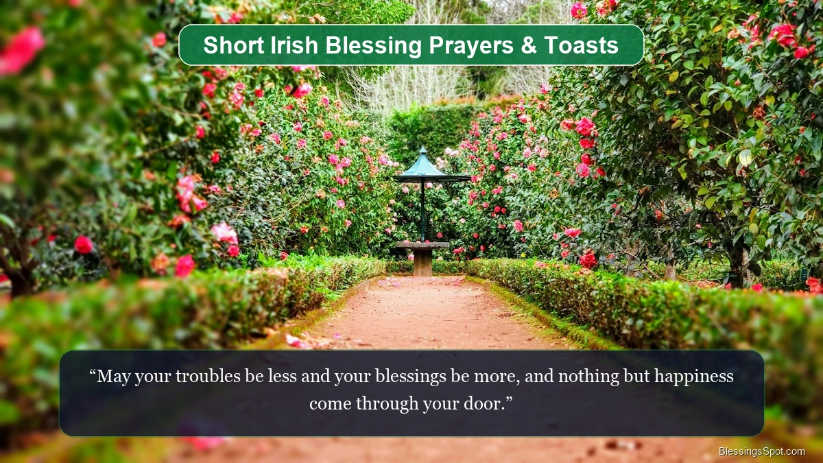 Short Irish blessing prayers and toasts showing vibrant wildflowers blooming across a golden sunlit Irish meadow.