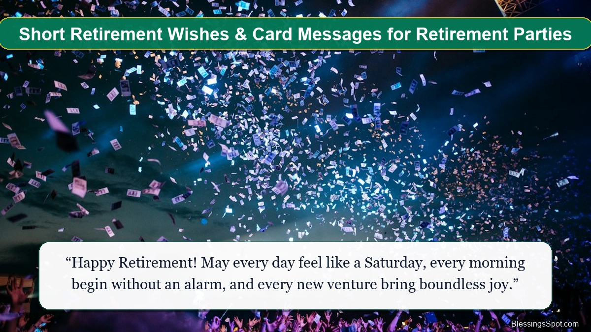 Short retirement wishes and card messages showing golden celebration confetti.