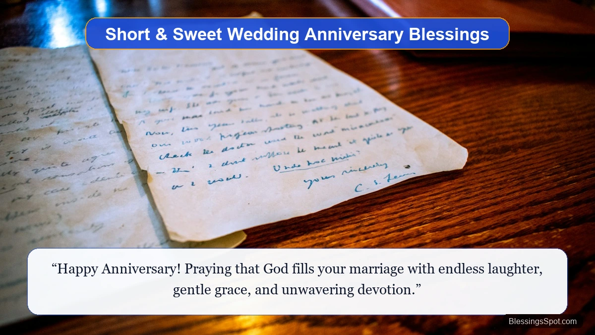 Short and sweet wedding anniversary card messages showing a handwritten letter and stationery on a polished wooden desk.