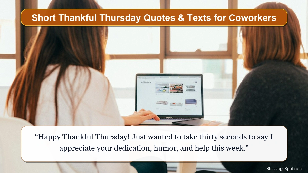 Short Thankful Thursday quotes and text messages showing a clean modern laptop desk bathed in warm morning light.