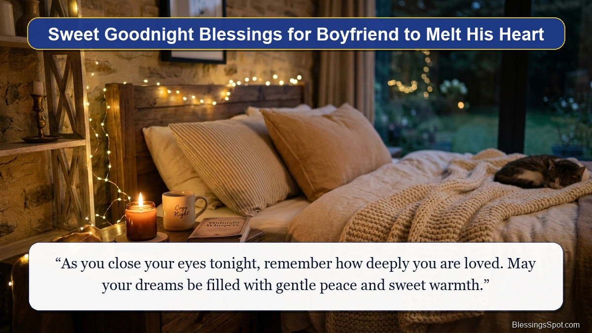 Sweet goodnight blessings for boyfriend showing a cozy bedroom bedside table with warm glowing candlelight.