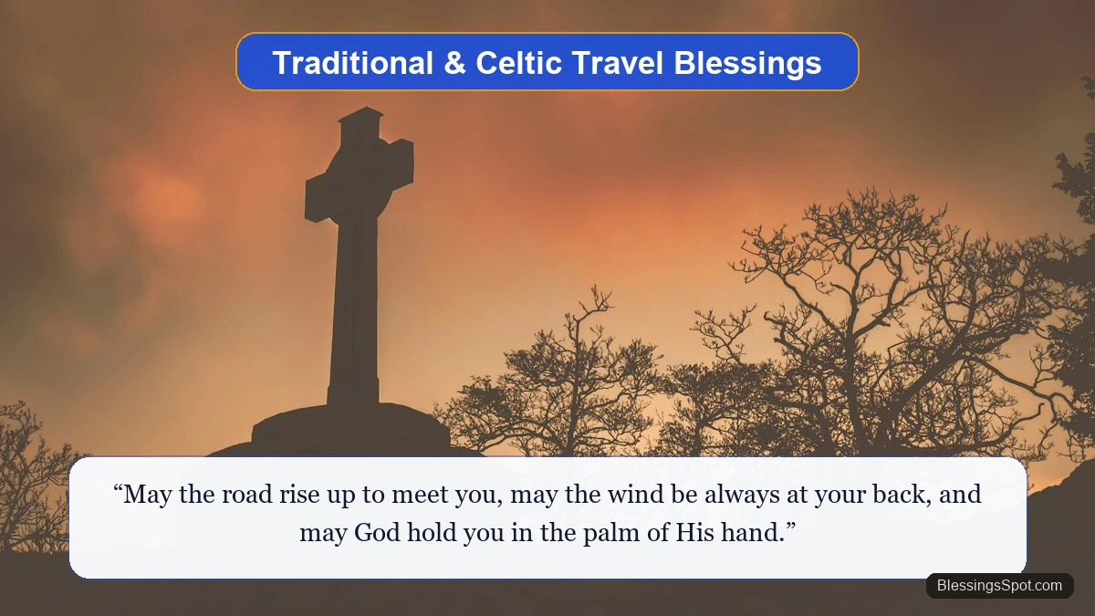Traditional Celtic and Catholic travel blessings showing the silhouette of a historic stone Celtic cross at sunset.