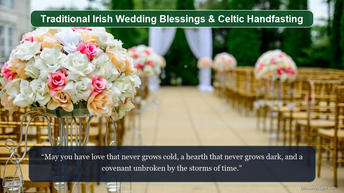 Traditional Irish wedding blessings showing a bride and groom walking joyfully across a green Irish meadow.